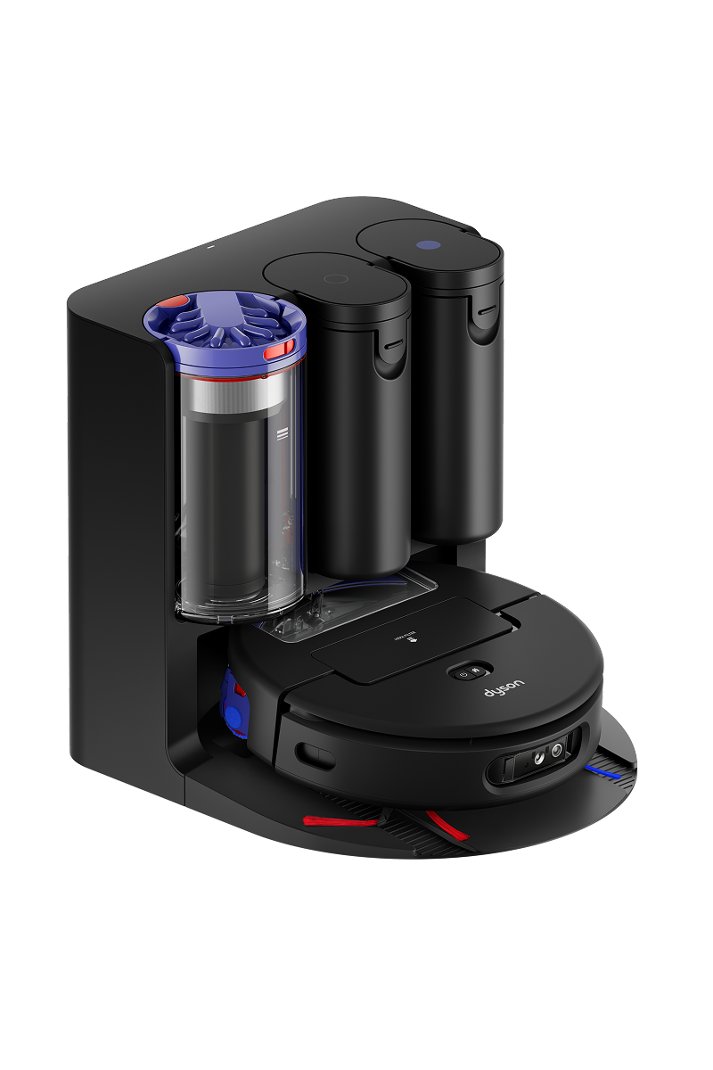 O aspirador robot Dyson Spot+Scrub Ai na sua base de carregamento.